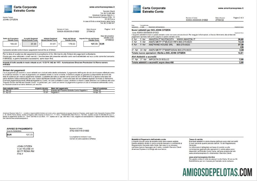 Extrato do cartão American Express Amex da Itália modelo de 3 páginas